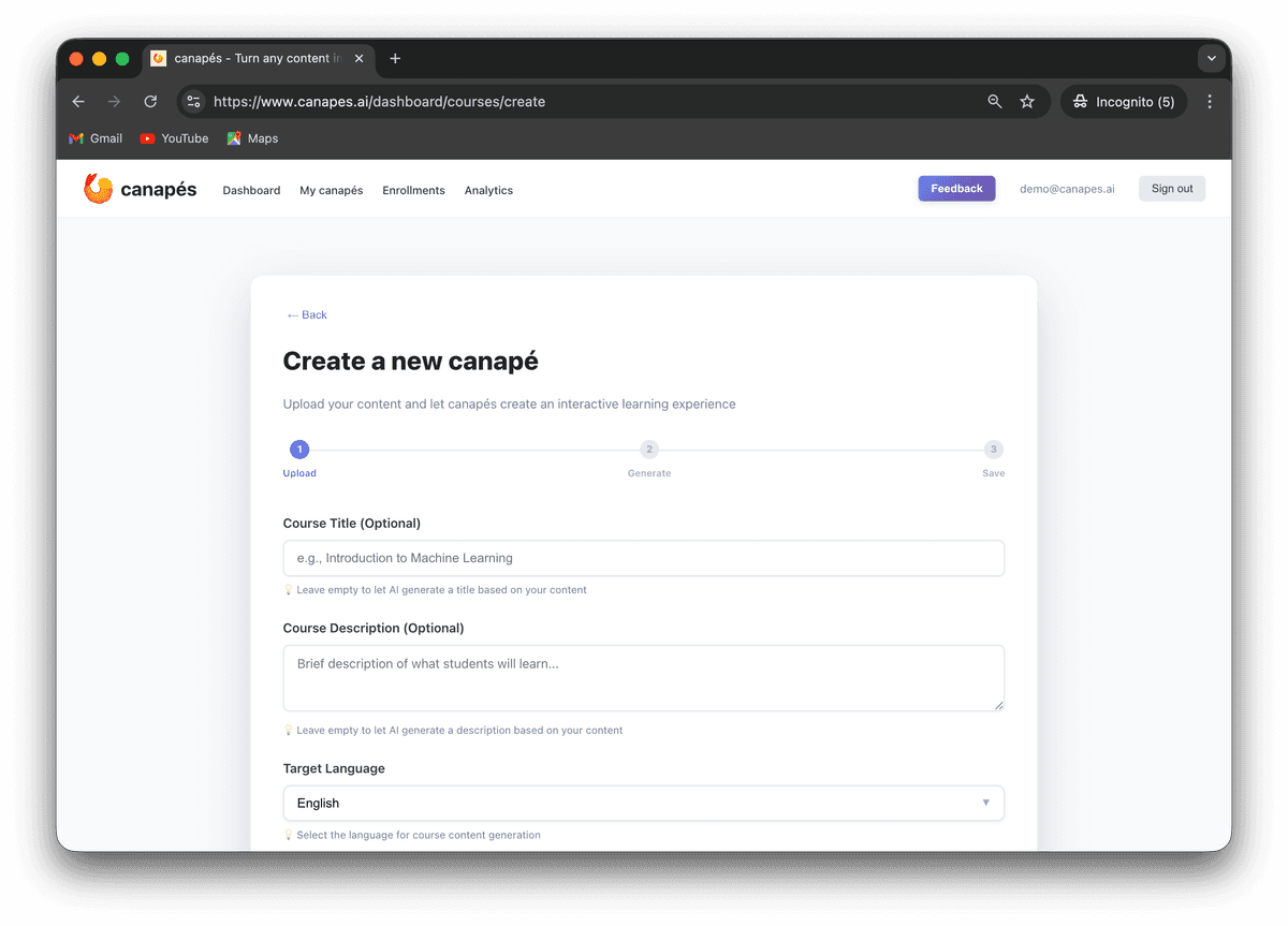 Upload interface